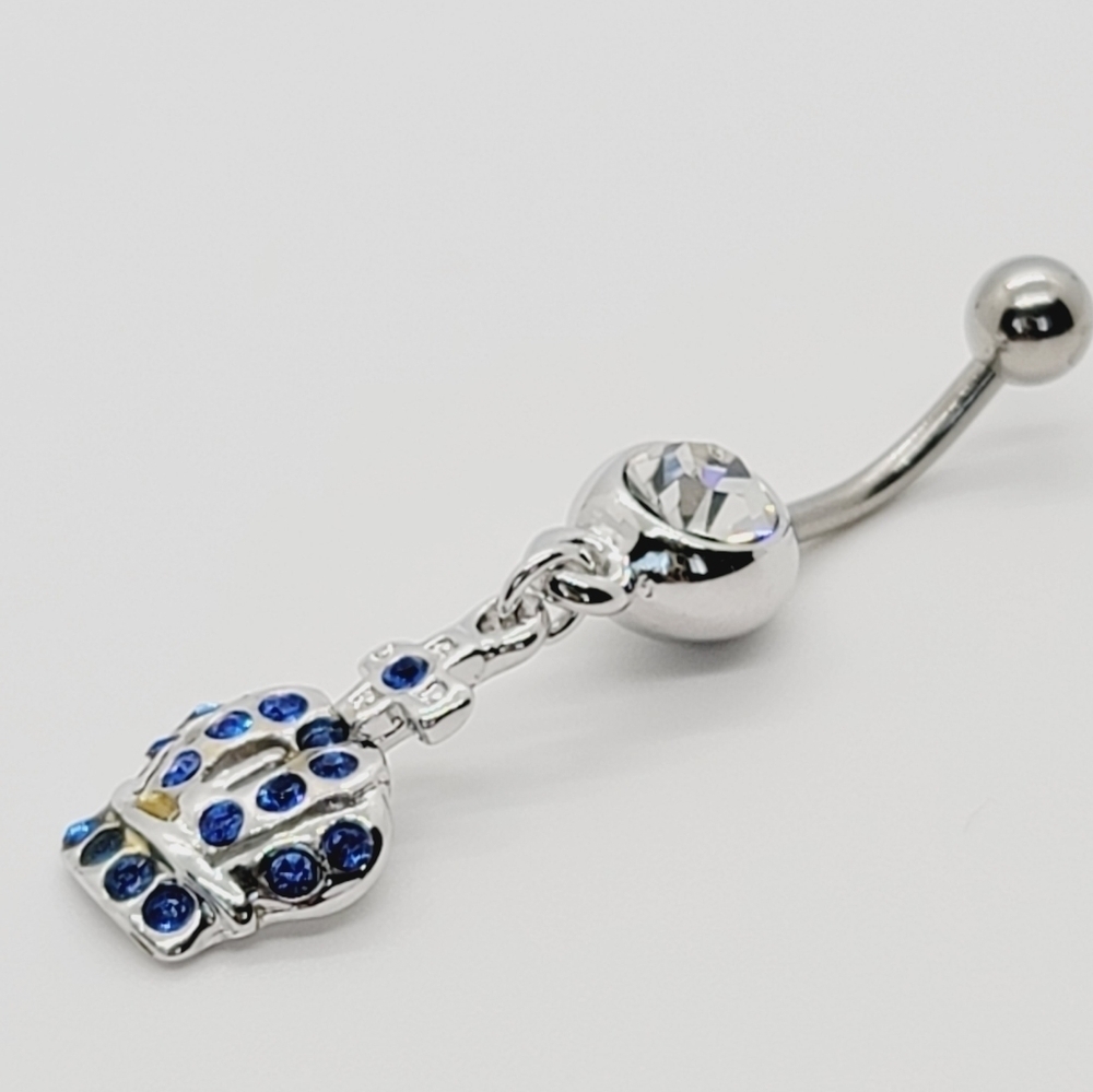 Sterling Silver Belly button Ring blue crown